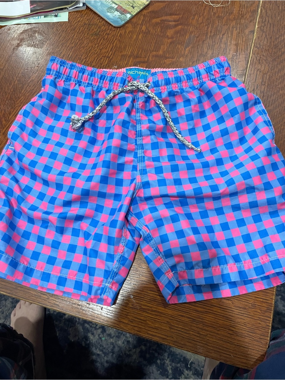 Michaels youth boys Blue & Pink gingham Swim trunks board shorts with lining